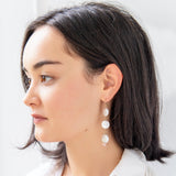 These beautiful earrings dance from your ears, reflecting light upon your face with every move you make. Three lovely white coin pearls are capped off with a faceted pink moonstone that lends a feminine elegance to these beauties. Getting married soon? These also look lovely as bridal jewelry or bridesmaid gifts - and can be customized on the accent stone to match your dresses. They're a gift that your girls are sure to wear for years to come!