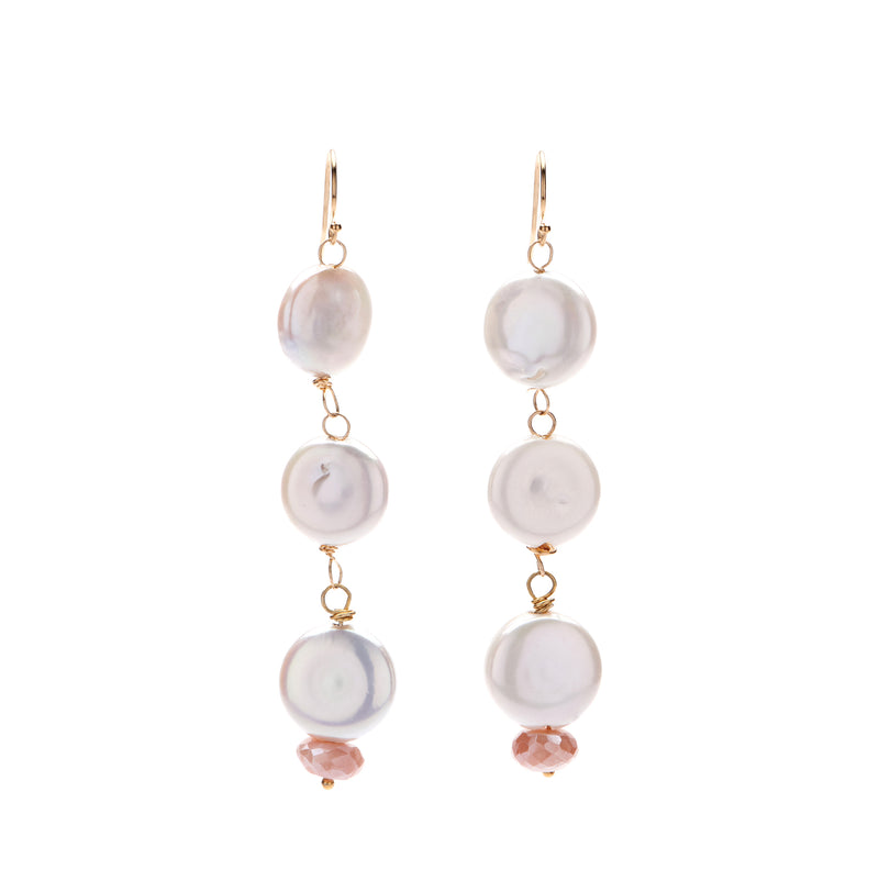 These beautiful earrings dance from your ears, reflecting light upon your face with every move you make. Three lovely white coin pearls are capped off with a faceted pink moonstone that lends a feminine elegance to these beauties. Getting married soon? These also look lovely as bridal jewelry or bridesmaid gifts - and can be customized on the accent stone to match your dresses. They're a gift that your girls are sure to wear for years to come!