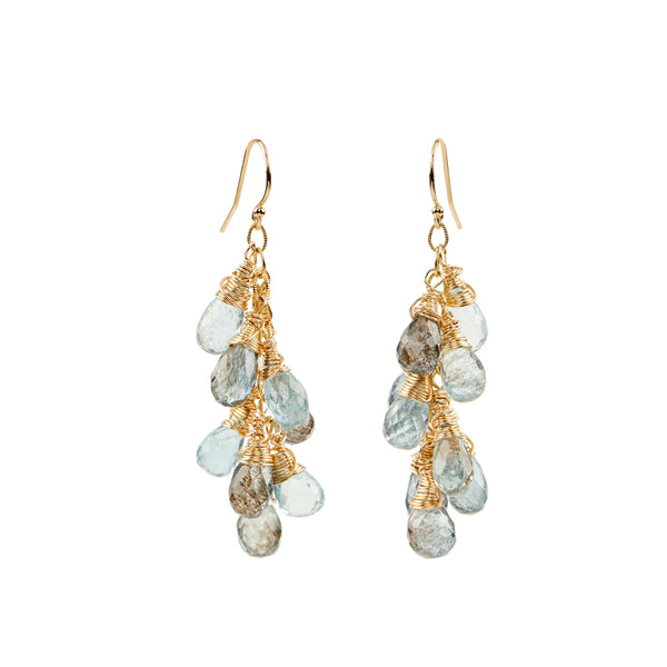 Naturally occurring blue aquamarine with copper flash. These gorgeous stones with lots of depth are wire-wrapped on gold-filled wire and fall beautifully, swaying with your every movement.