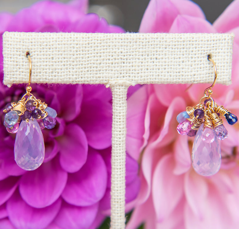 Gorgeous faceted lavender quartz teardrops are accented by pops of pink, purple and pale blue to create a delicious ensemble of bright, candy-like colors. These beauties are new favorites!