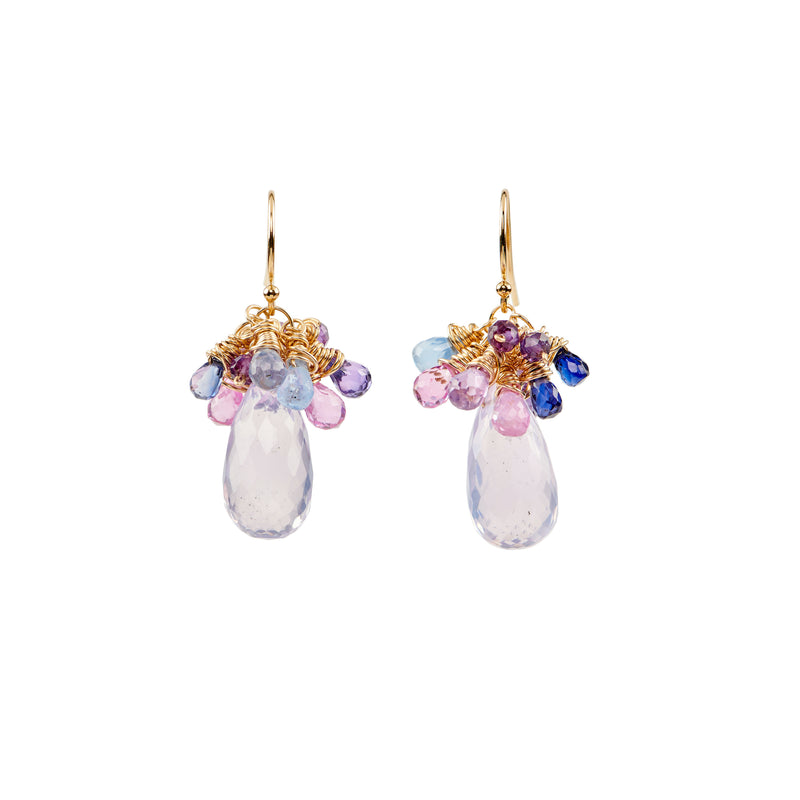 Gorgeous faceted lavender quartz teardrops are accented by pops of pink, purple and pale blue to create a delicious ensemble of bright, candy-like colors. These beauties are new favorites!