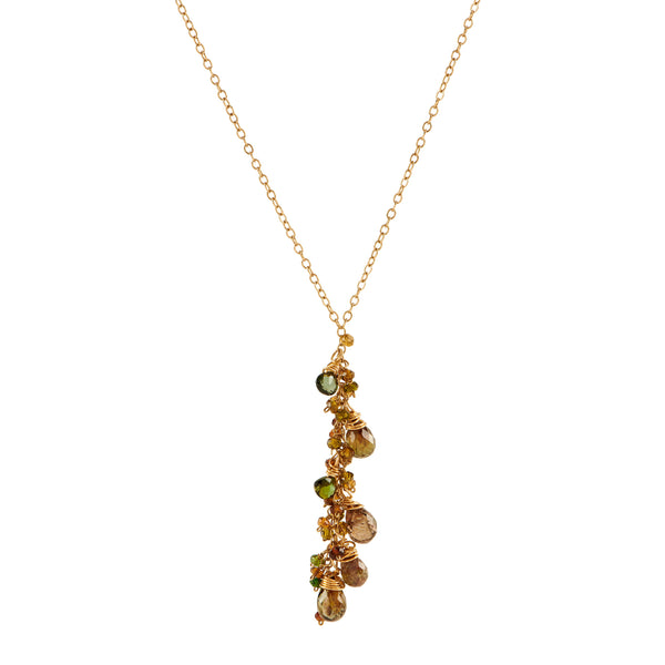 Simple, yet chic, this necklace is a go-to piece, for sure! Sapphires and zircon sparkle beautifully in champagne, green and brown as they cascade down the 2" drop of this y-shaped waterfall necklace. 